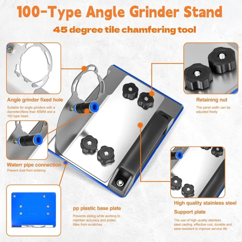Angle grinder mounted in the tile chamfer stand