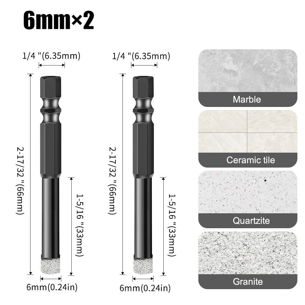 Hex Shank Diamond Core Drill Bit Set - Dry Vacuum Brazed, 6-16mm