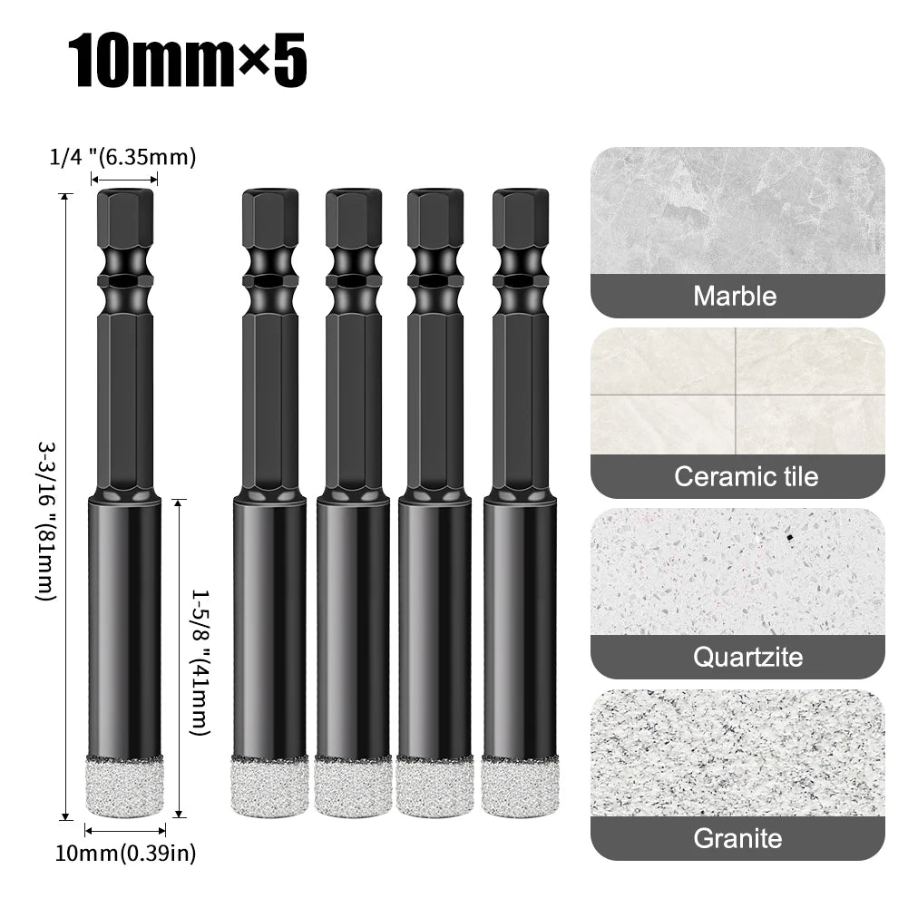 Hex Shank Diamond Core Drill Bit Set - Dry Vacuum Brazed, 6-16mm