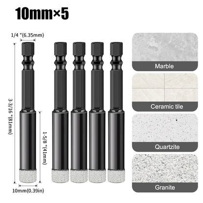 Hex Shank Diamond Core Drill Bit Set - Dry Vacuum Brazed, 6-16mm