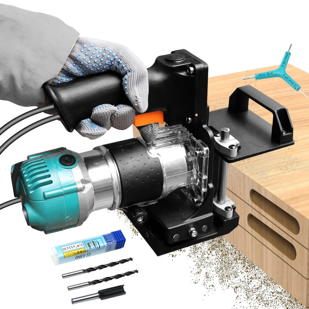 Woodworking slotting jig in use on a cabinet panel