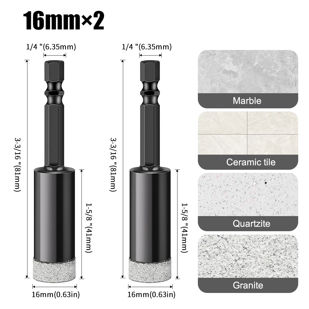 Hex Shank Diamond Core Drill Bit Set - Dry Vacuum Brazed, 6-16mm