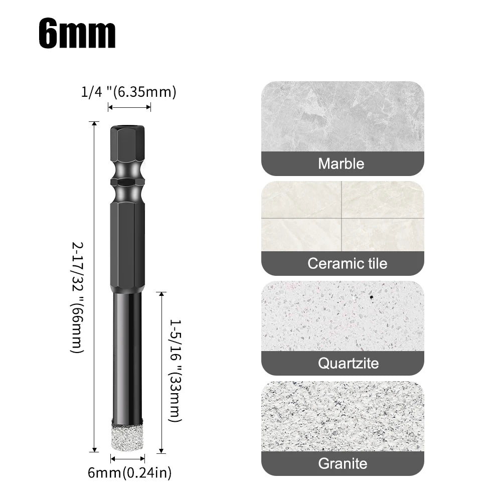 Hex Shank Diamond Core Drill Bit Set - Dry Vacuum Brazed, 6-16mm