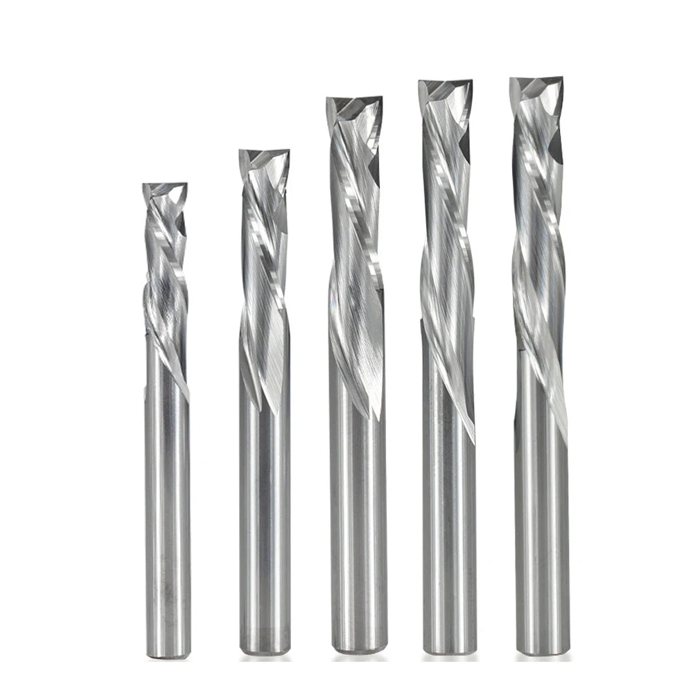 Compression router bit cutting edge close-up