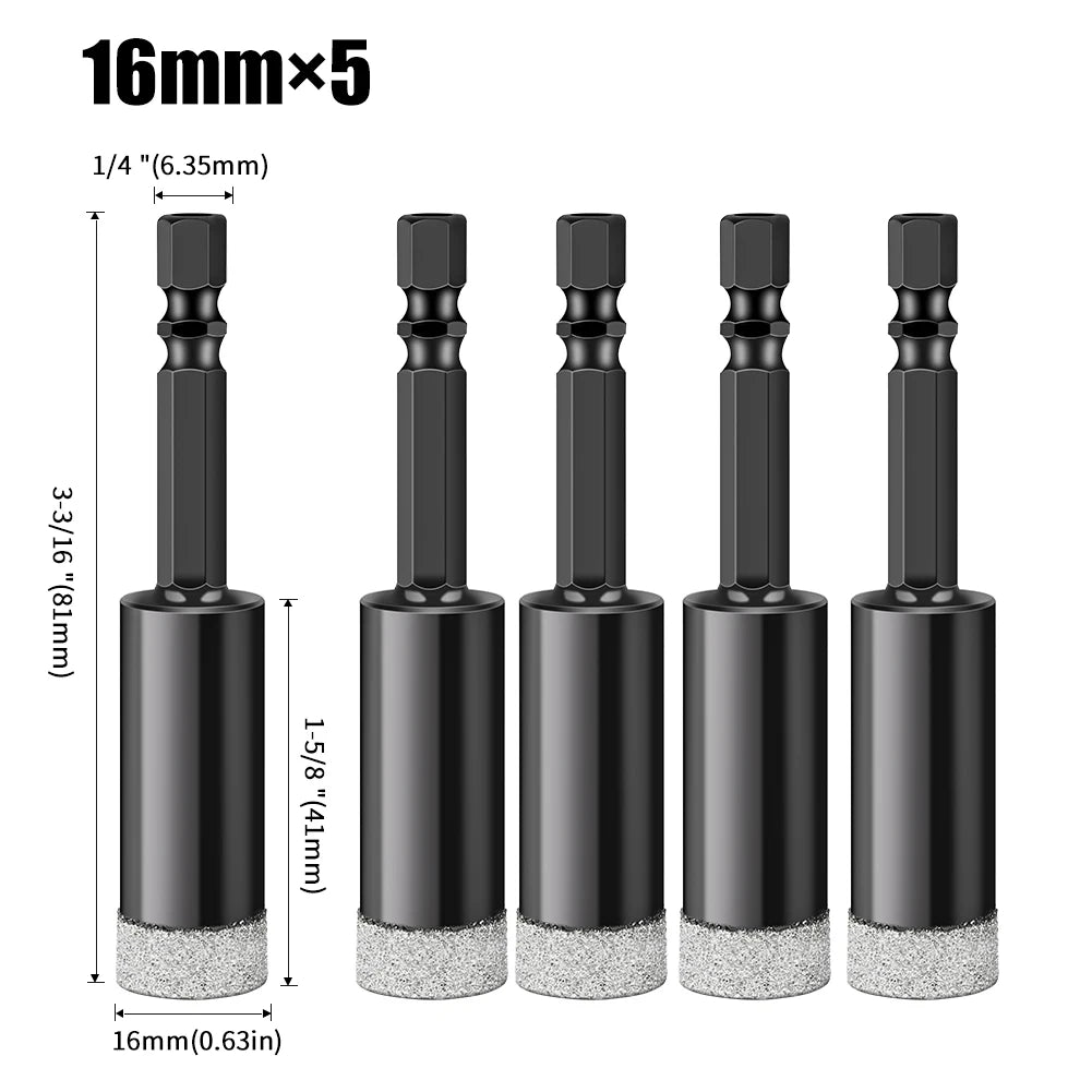 Hex Shank Diamond Core Drill Bit Set - Dry Vacuum Brazed, 6-16mm