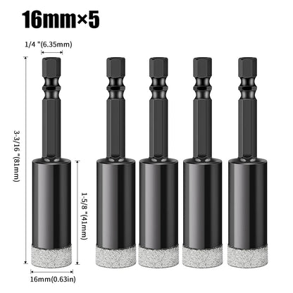 Hex Shank Diamond Core Drill Bit Set - Dry Vacuum Brazed, 6-16mm