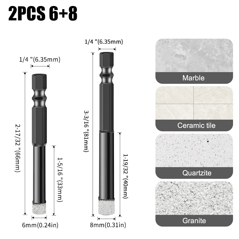 Hex Shank Diamond Core Drill Bit Set - Dry Vacuum Brazed, 6-16mm
