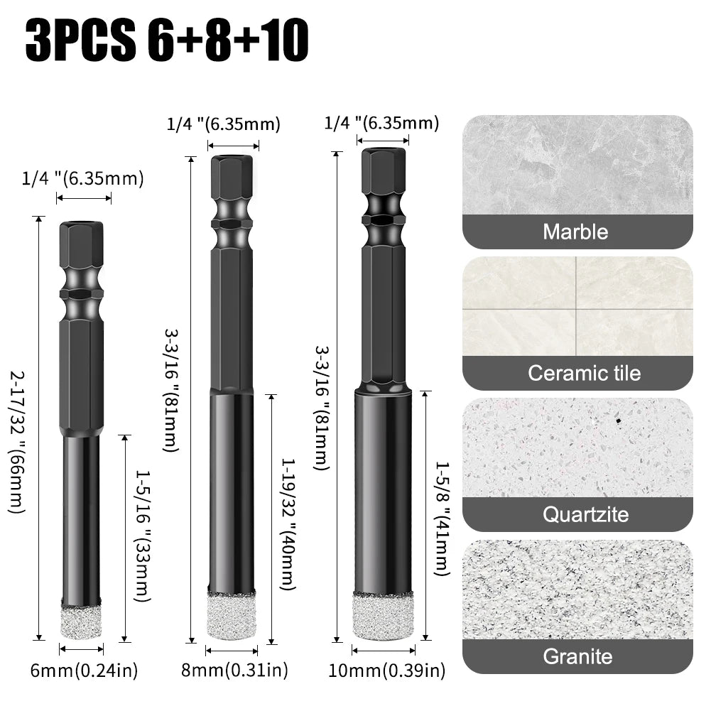 Hex Shank Diamond Core Drill Bit Set - Dry Vacuum Brazed, 6-16mm