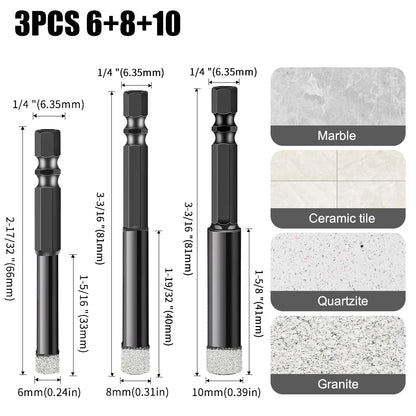 Hex Shank Diamond Core Drill Bit Set - Dry Vacuum Brazed, 6-16mm