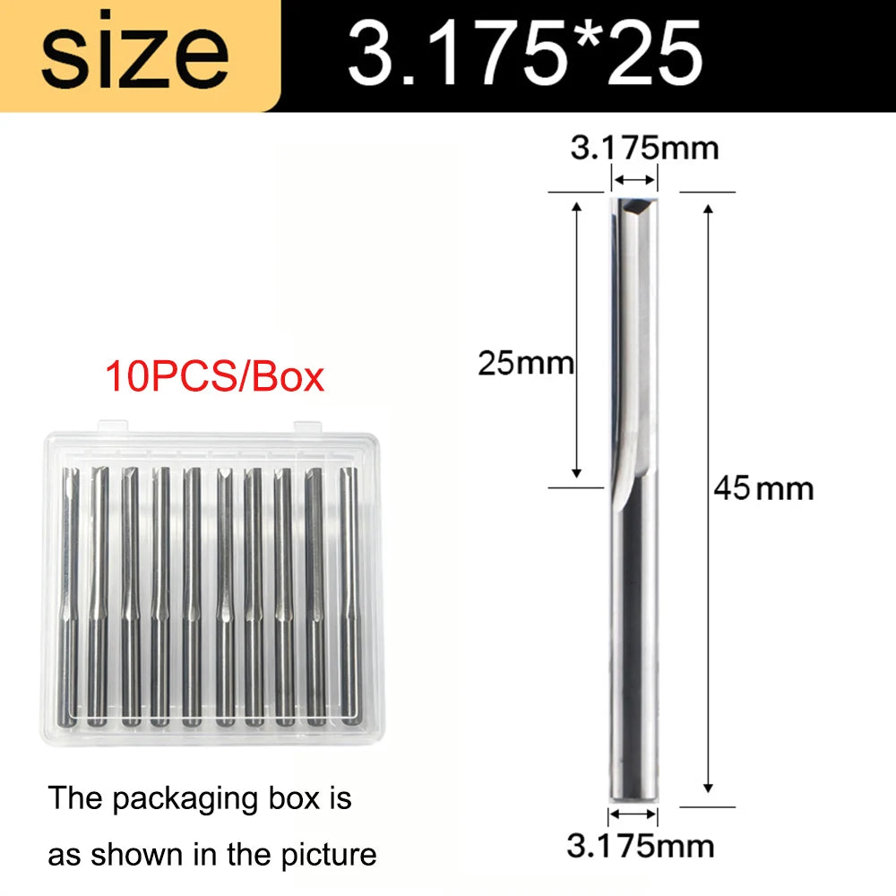 3.175mm Shank 2-Flute Straight End Mill - 10-Piece Engraving Bit Set