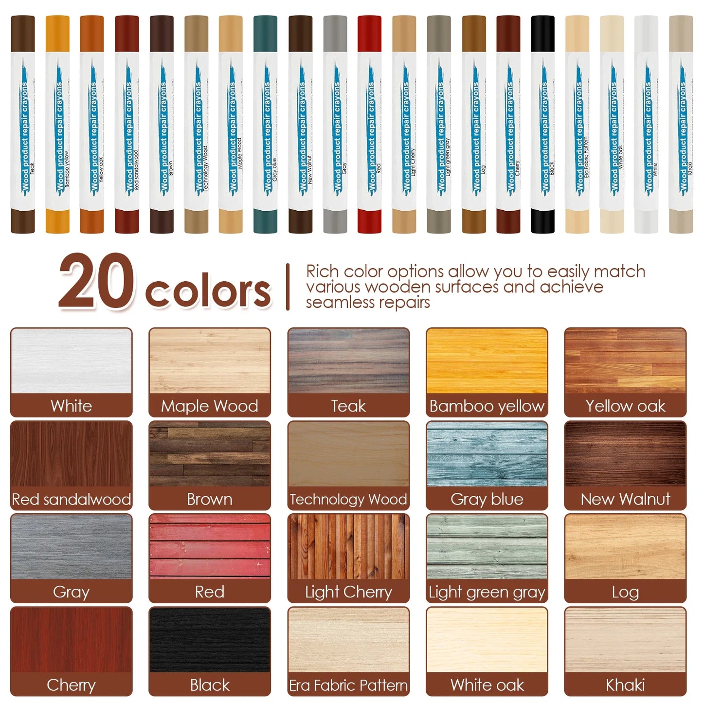 Wood Furniture Repair Filler Sticks – 20-Color Touch-Up Crayon Kit