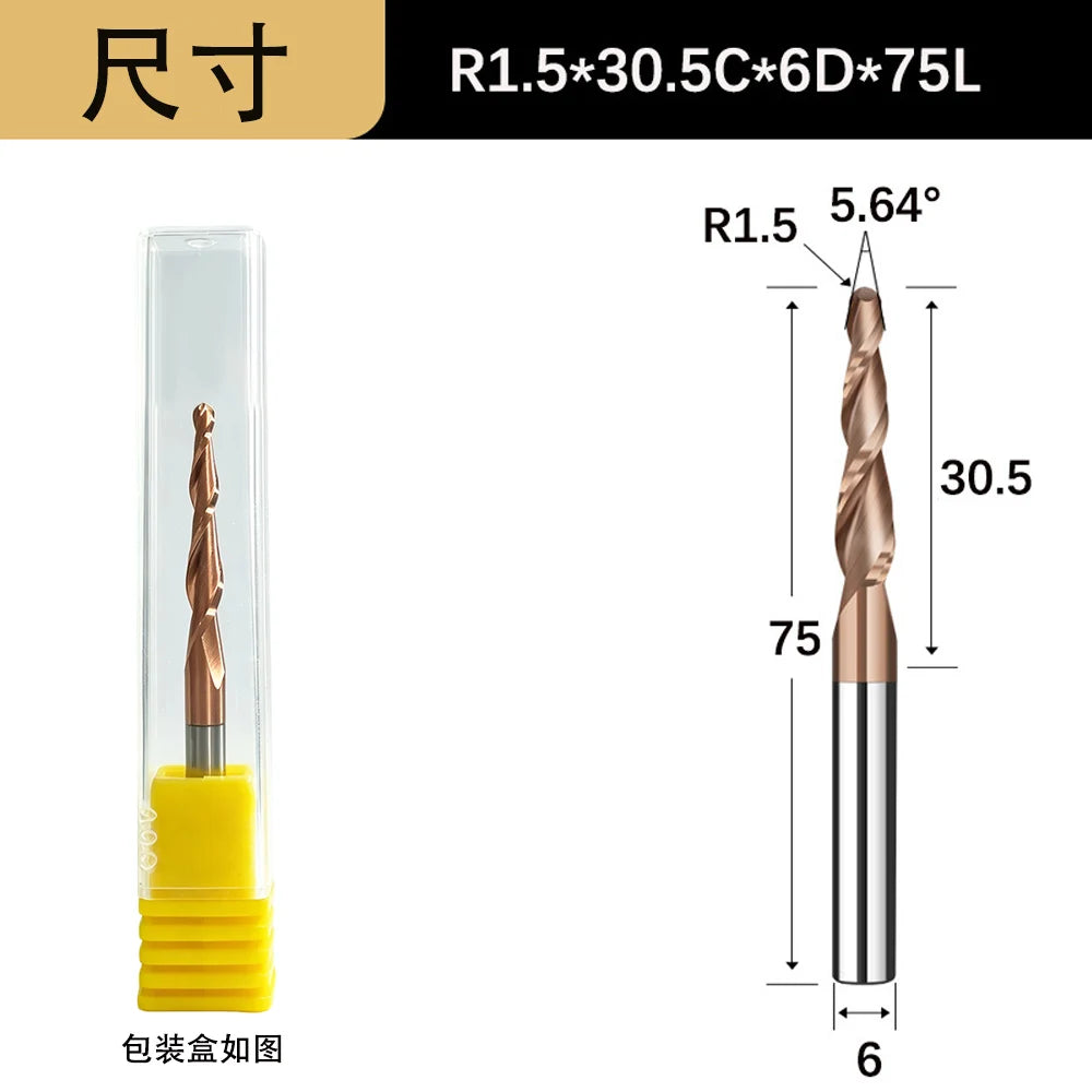 Tapered Ball Nose End Mill - 6mm Shank 2-Flute 3D Carving Router Bit