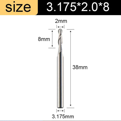Ball Nose End Mill - 2-Flute Spiral Router Bit, 3.175-8mm Shank
