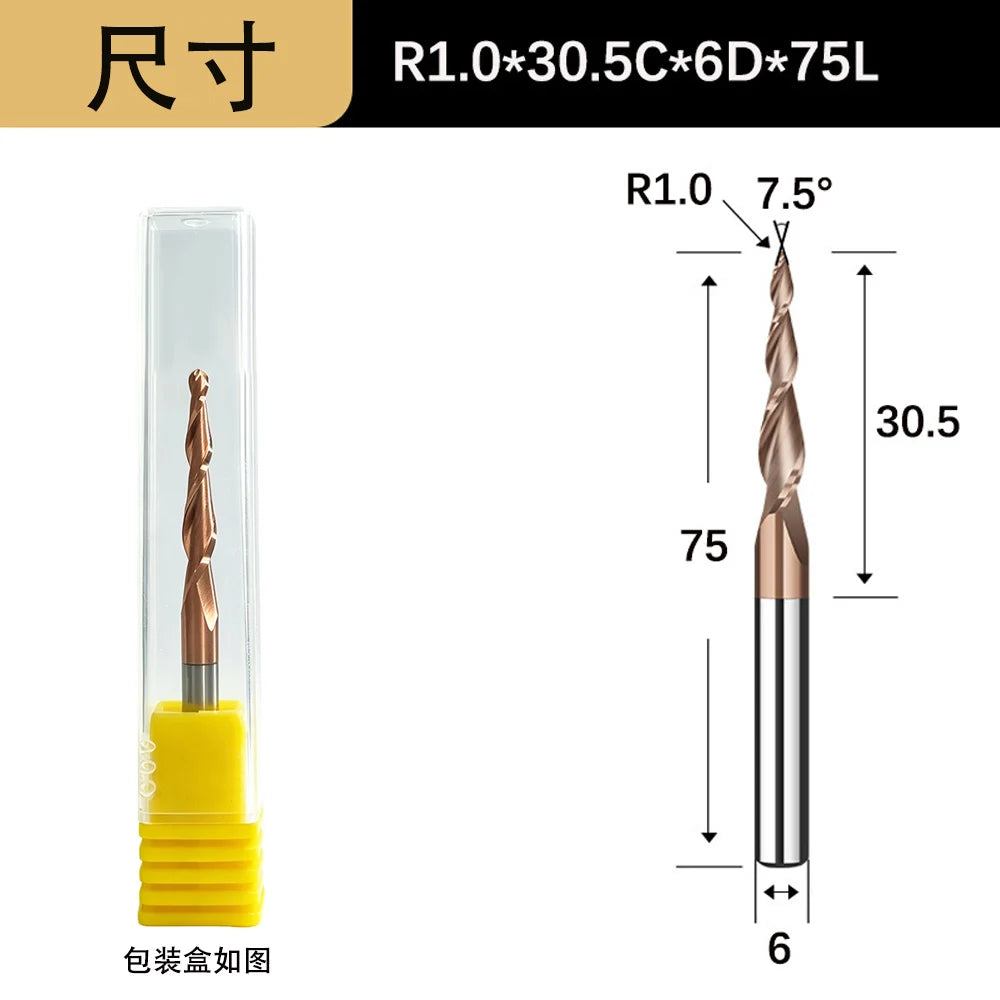 Tapered Ball Nose End Mill - 6mm Shank 2-Flute 3D Carving Router Bit