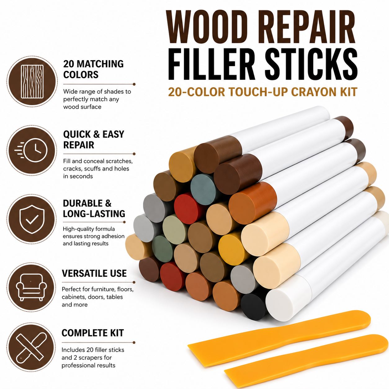 Wood Furniture Repair Filler Sticks - 20-Color Touch-Up Crayon Kit - view 2