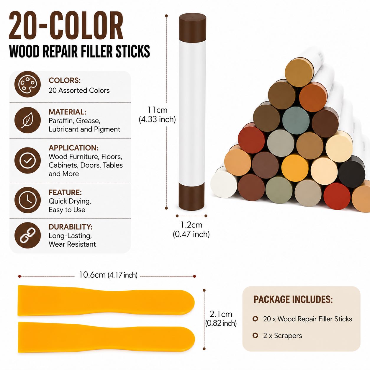 Wood Furniture Repair Filler Sticks - 20-Color Touch-Up Crayon Kit - view 3