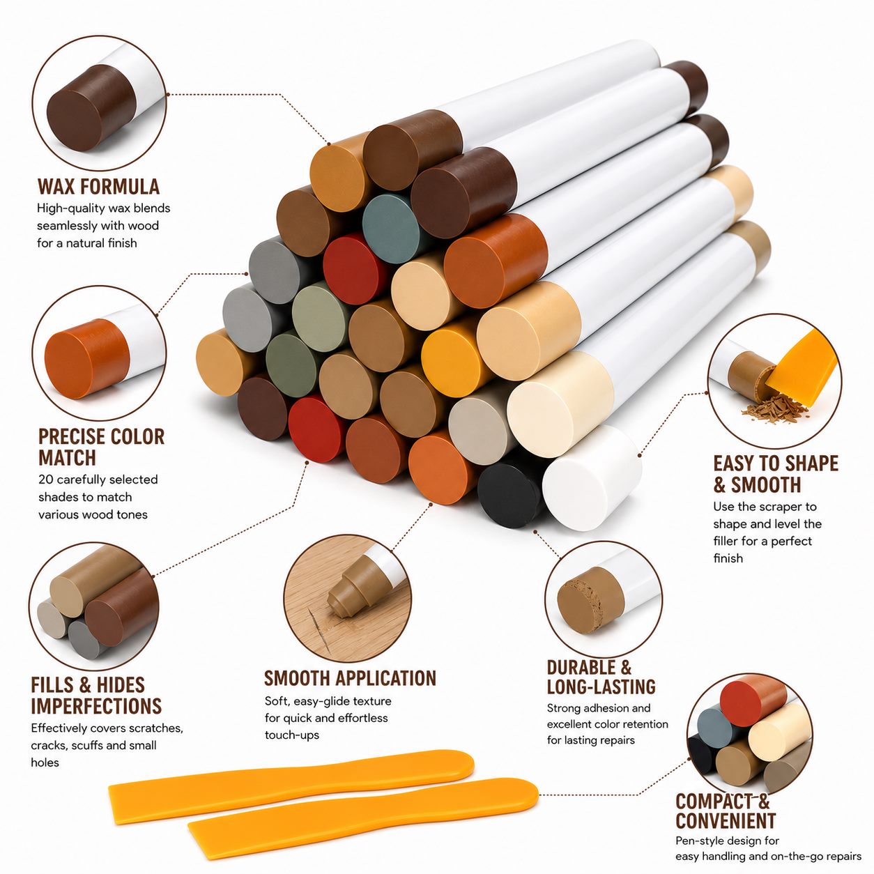 Wood Furniture Repair Filler Sticks - 20-Color Touch-Up Crayon Kit - view 4